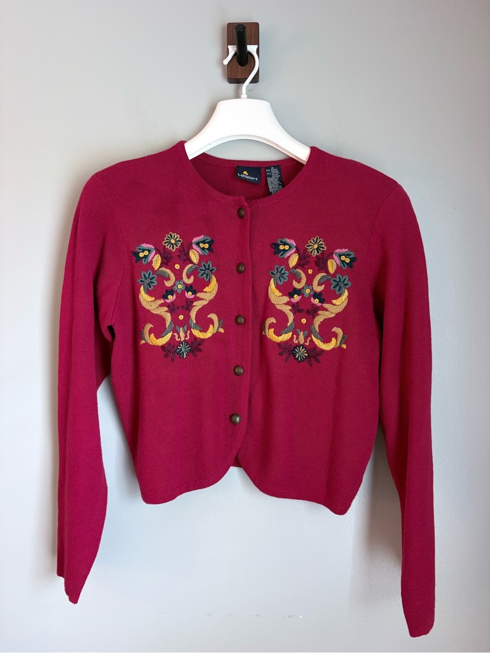 Vintage Lizsport Womens Red Embroidered Cropped Cardigan Sweater Cottagecore